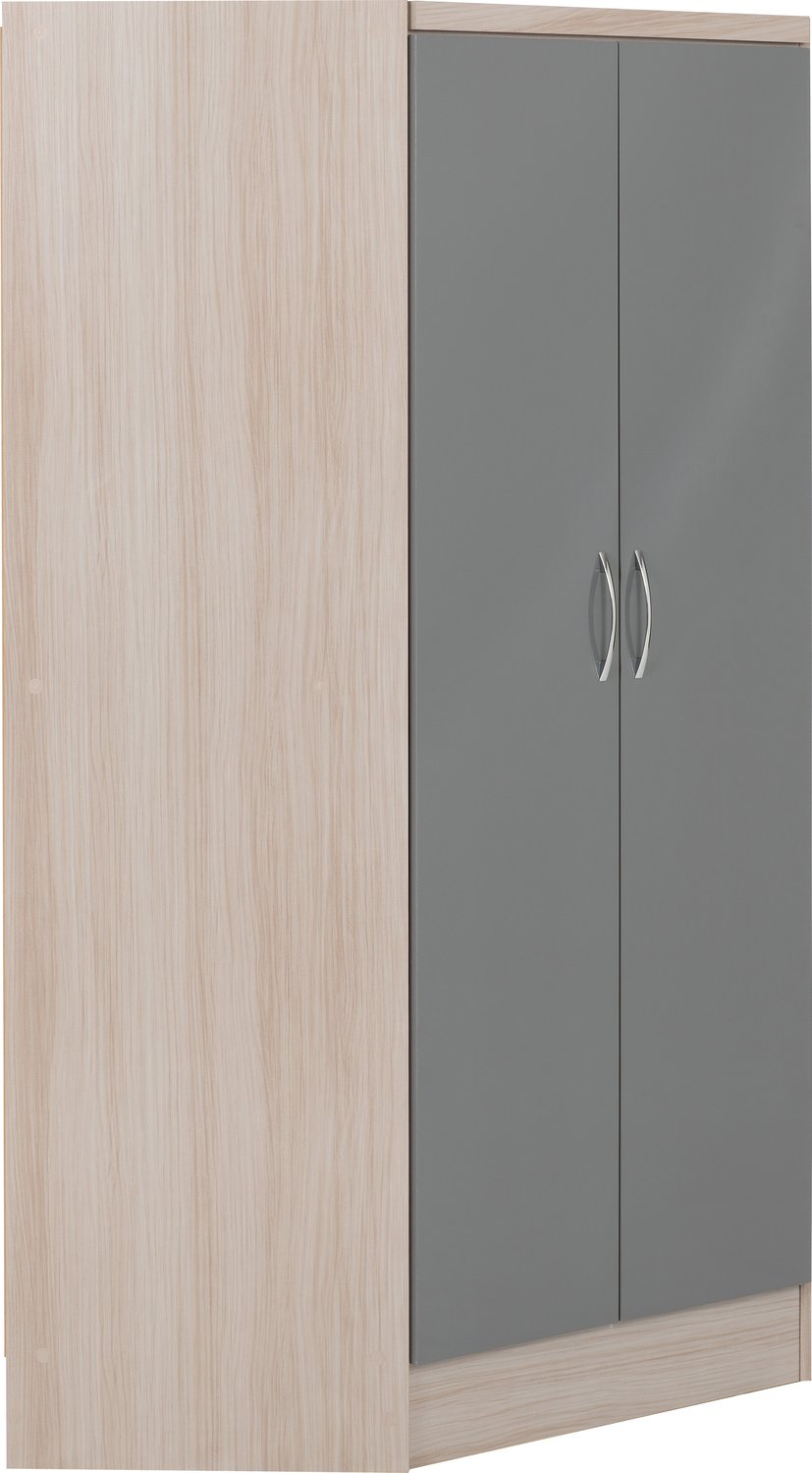 Nevada 2 Door Corner Wardrobe - Grey Gloss/Light Oak Effect Veneer