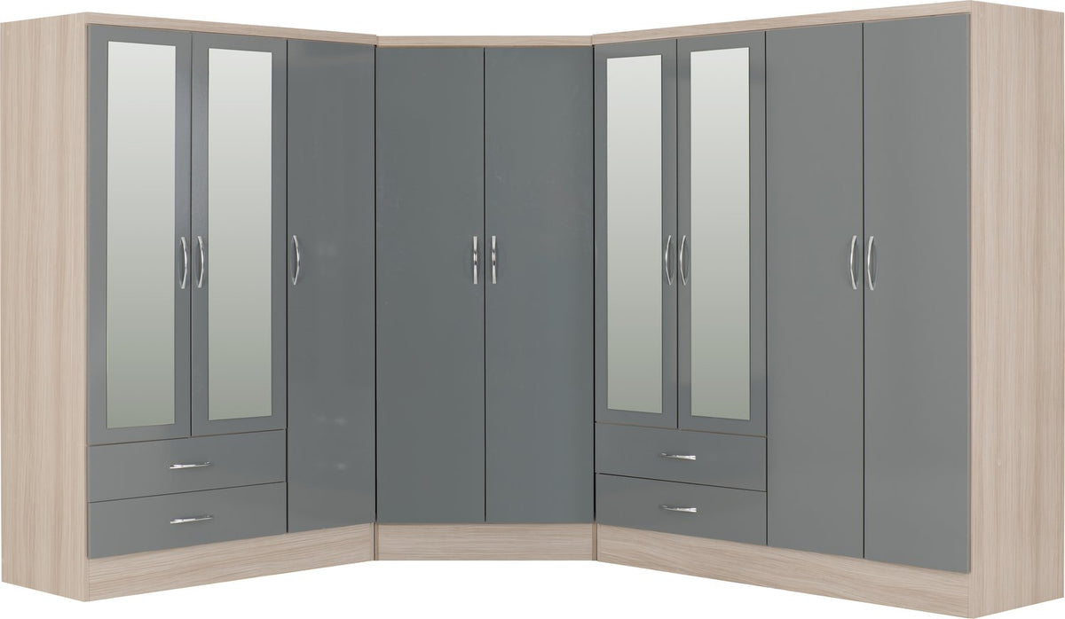 Nevada 2 Door Corner Wardrobe - Grey Gloss/Light Oak Effect Veneer
