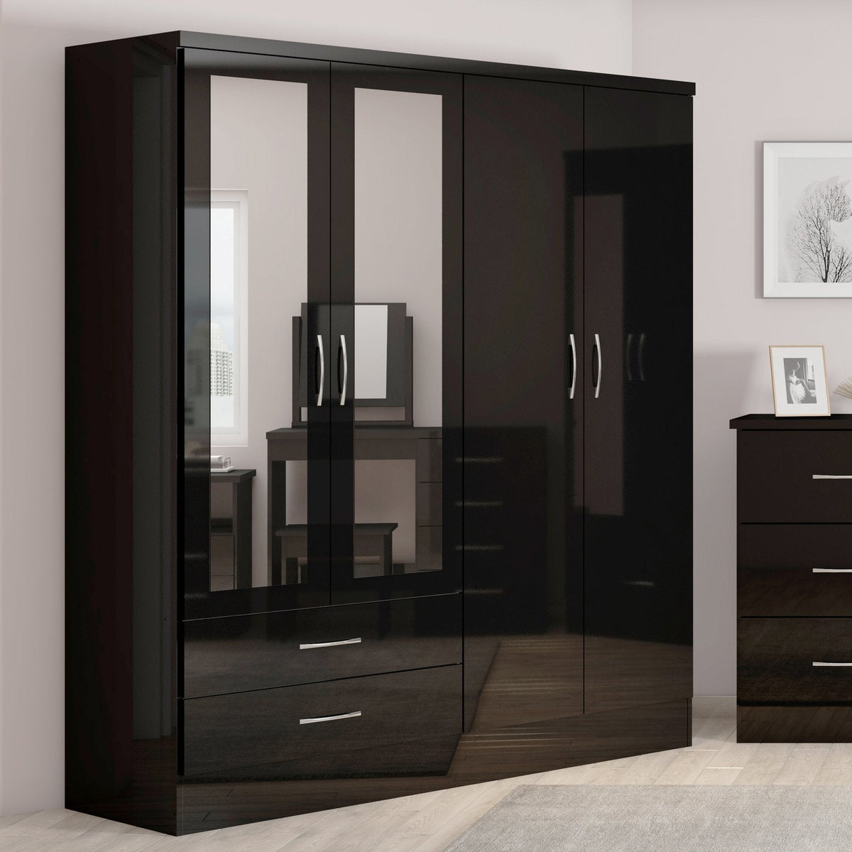 Nevada 4 Door 2 Drawer Mirrored Wardrobe - Black Gloss