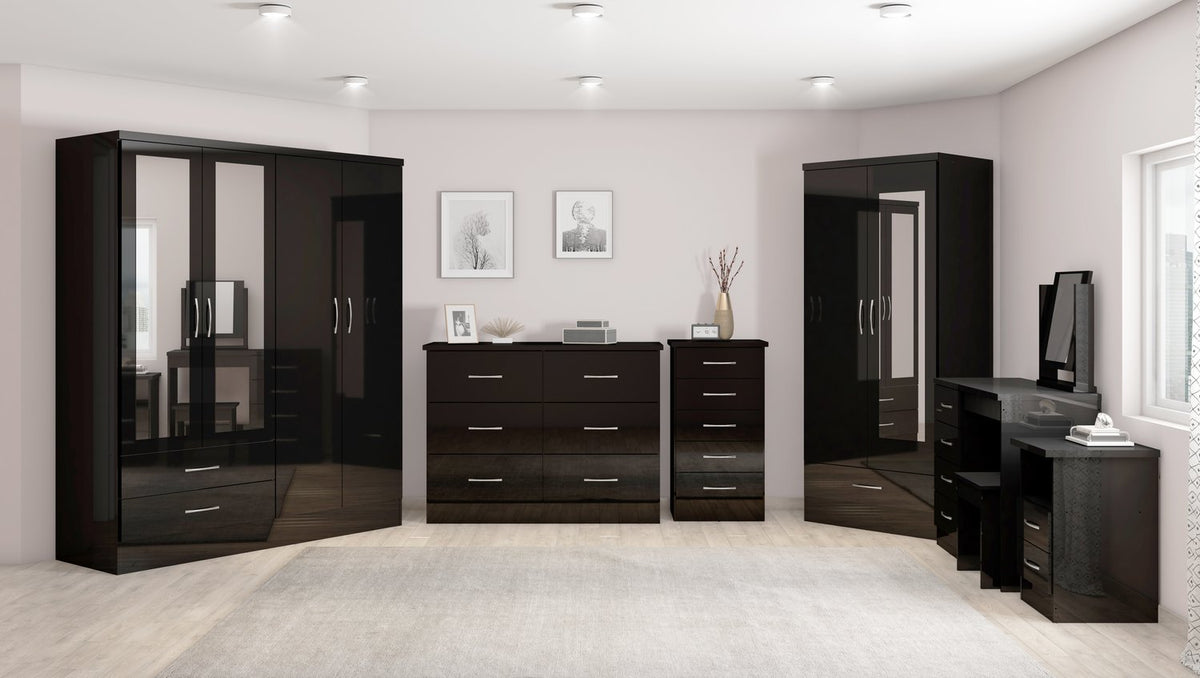 Nevada 4 Door 2 Drawer Mirrored Wardrobe - Black Gloss
