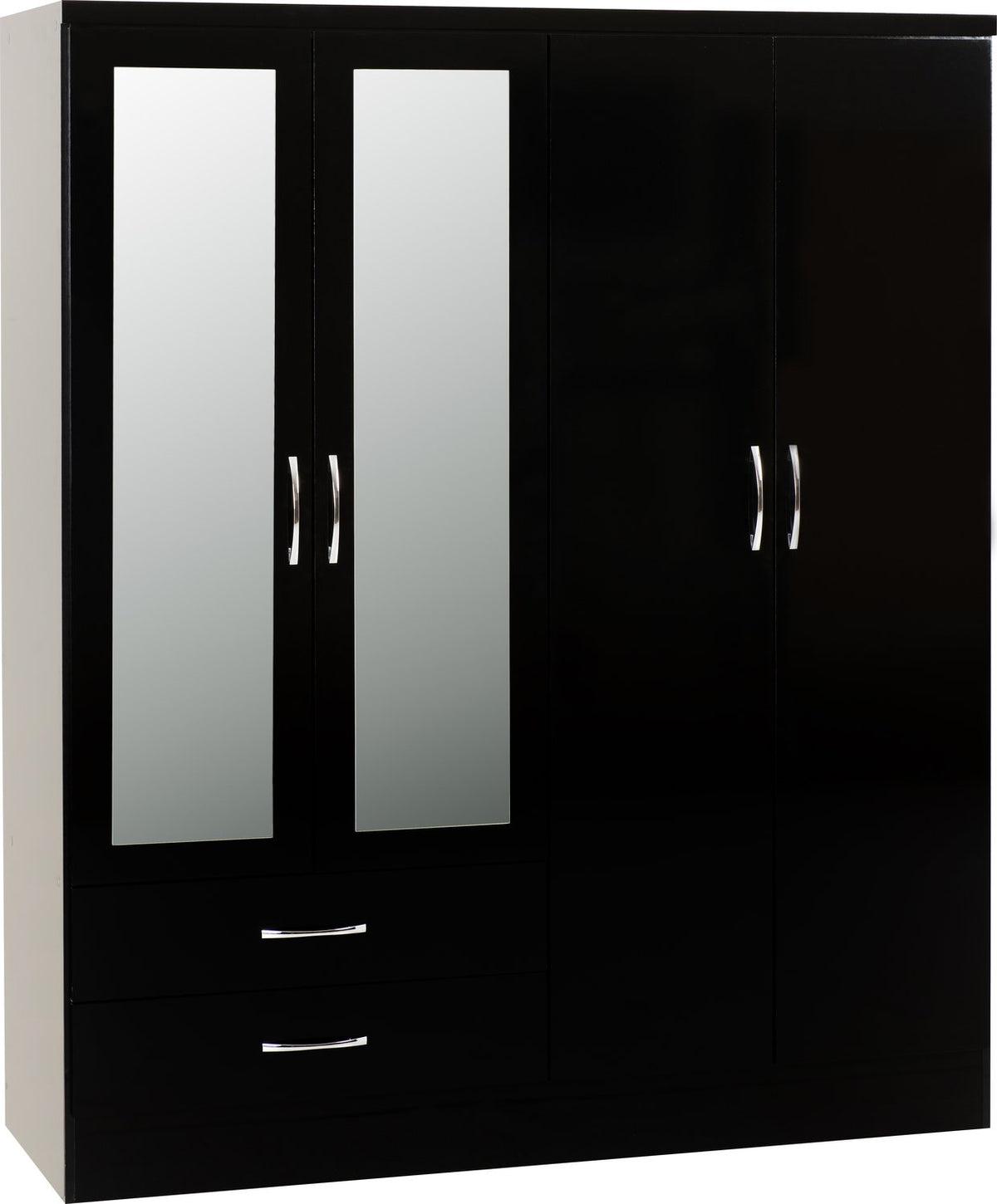 Nevada 4 Door 2 Drawer Mirrored Wardrobe - Black Gloss