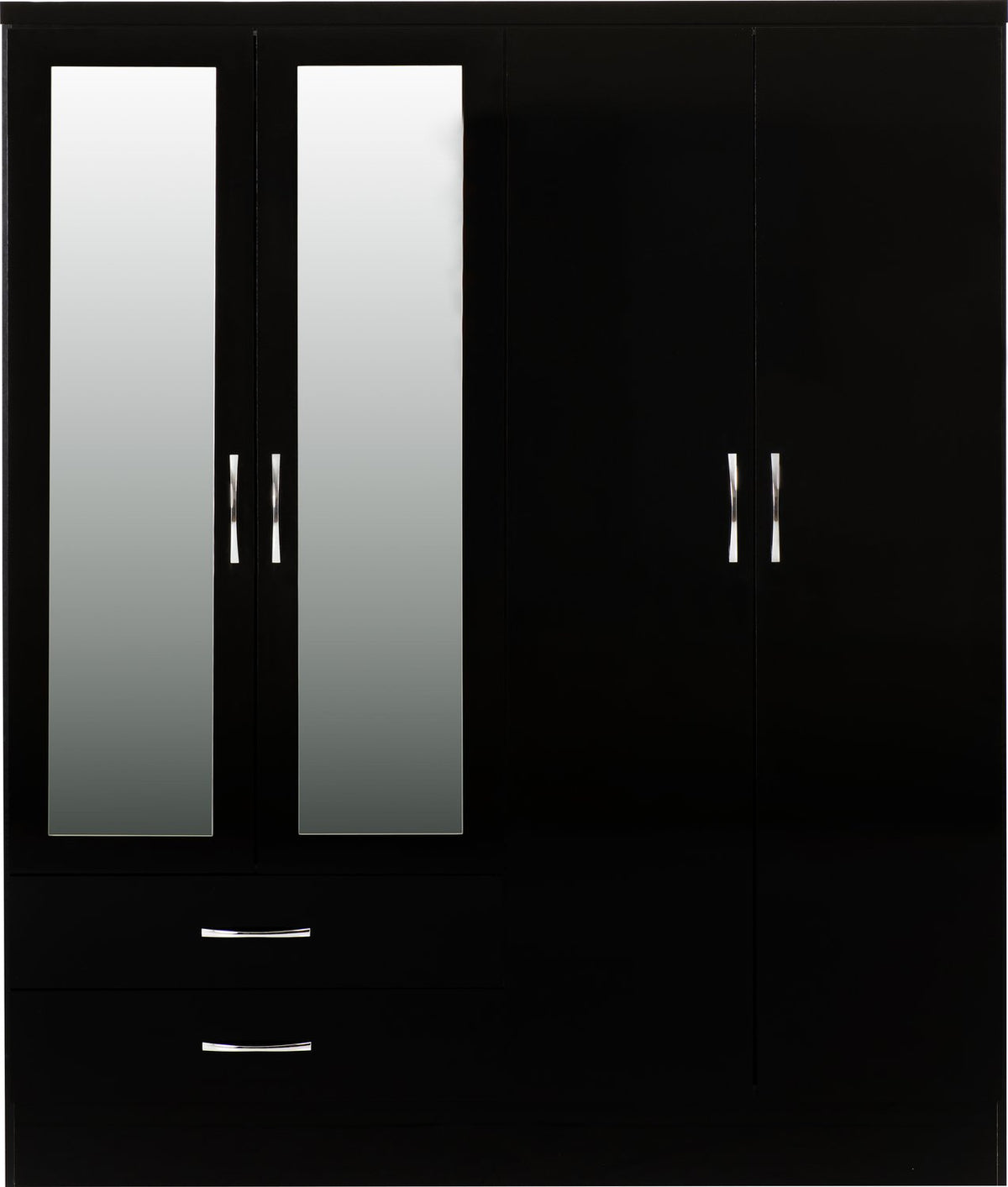 Nevada 4 Door 2 Drawer Mirrored Wardrobe - Black Gloss