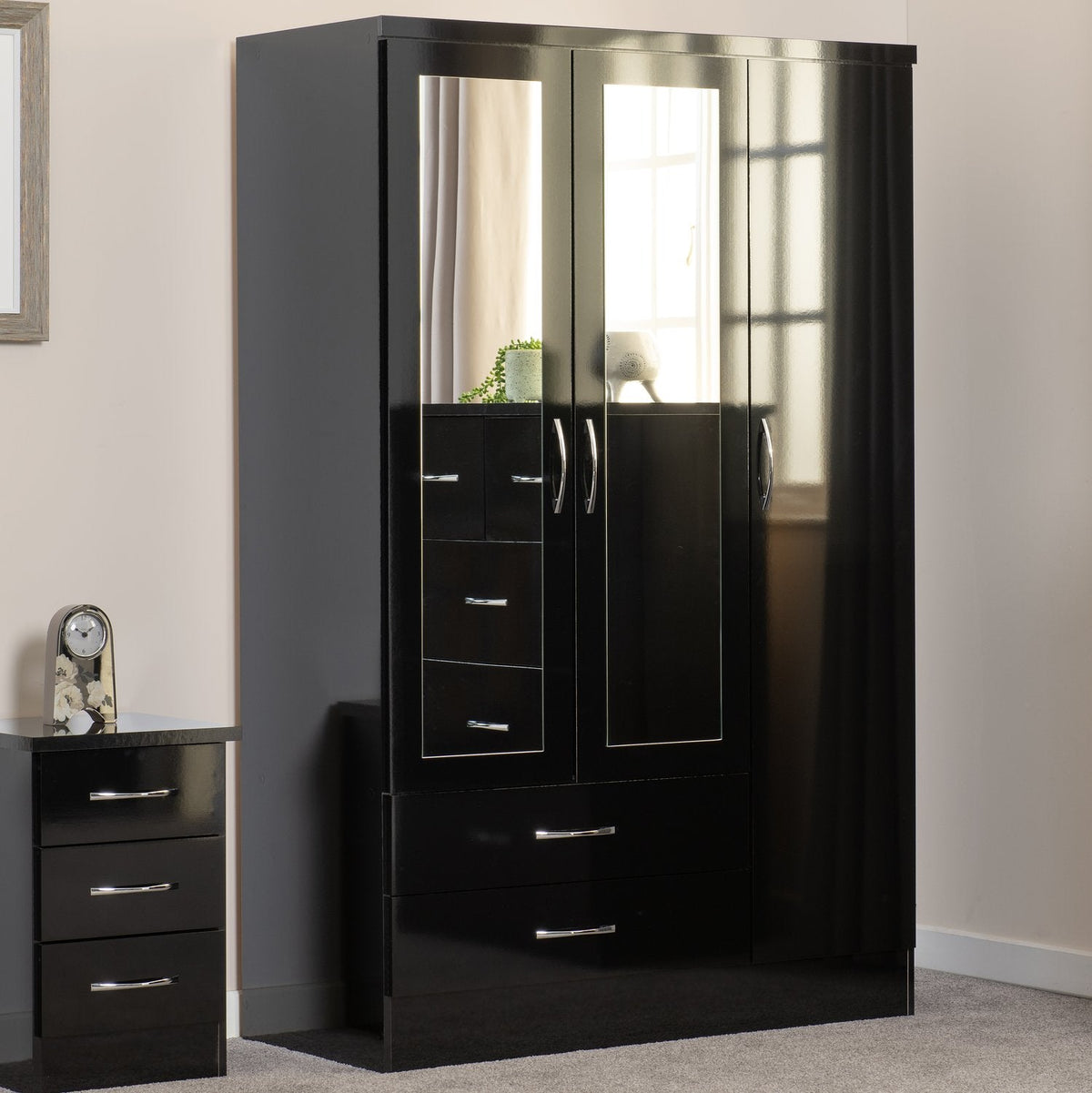 Nevada 3 Door 2 Drawer Mirrored Wardrobe - Black Gloss