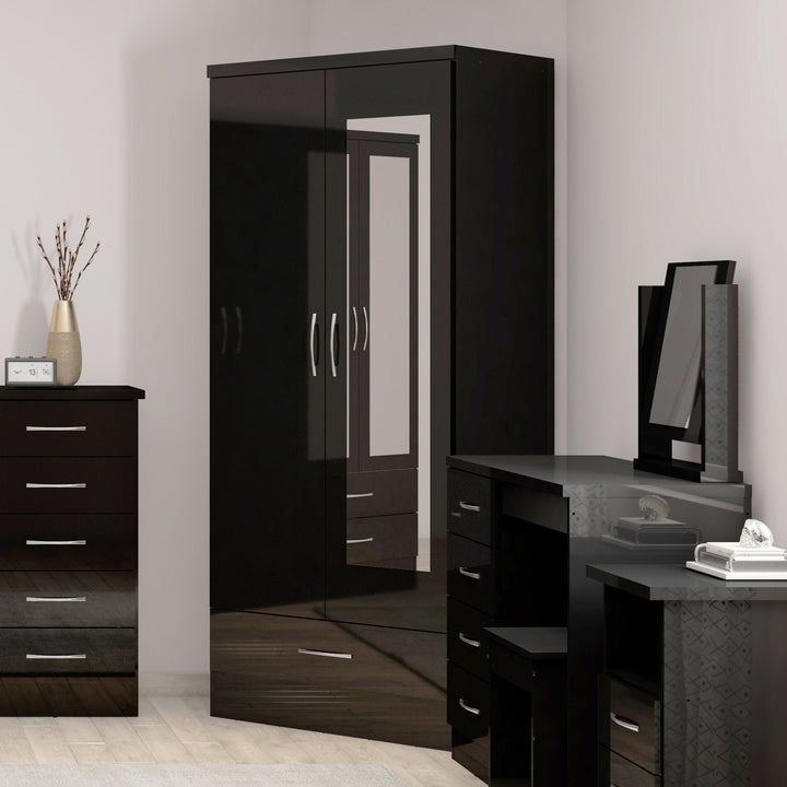 Nevada Mirrored 2 Door 1 Drawer Wardrobe - Black Gloss