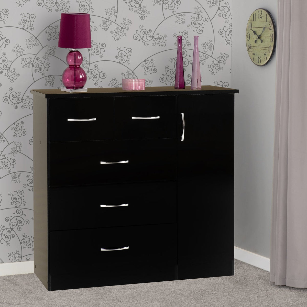 Nevada 5 Drawer Low Wardrobe - Black Gloss