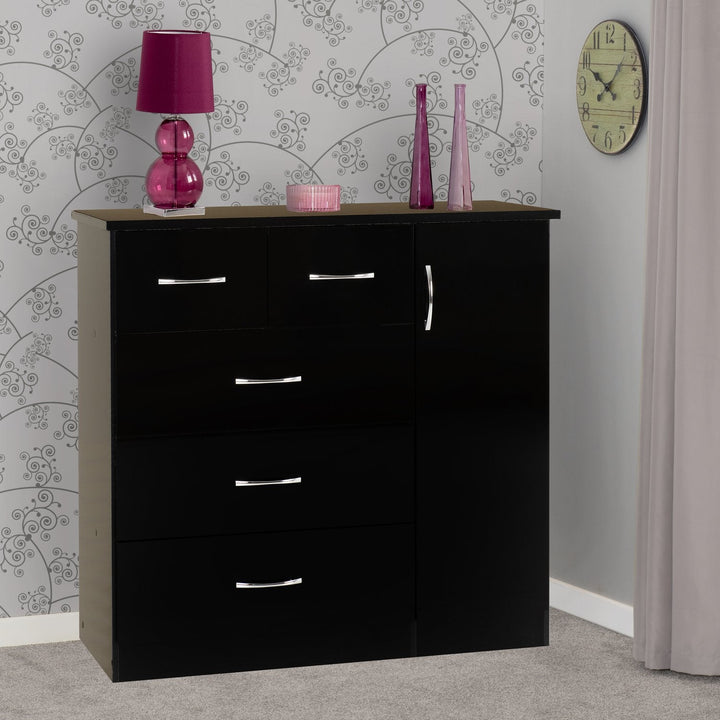 Nevada 5 Drawer Low Wardrobe - Black Gloss