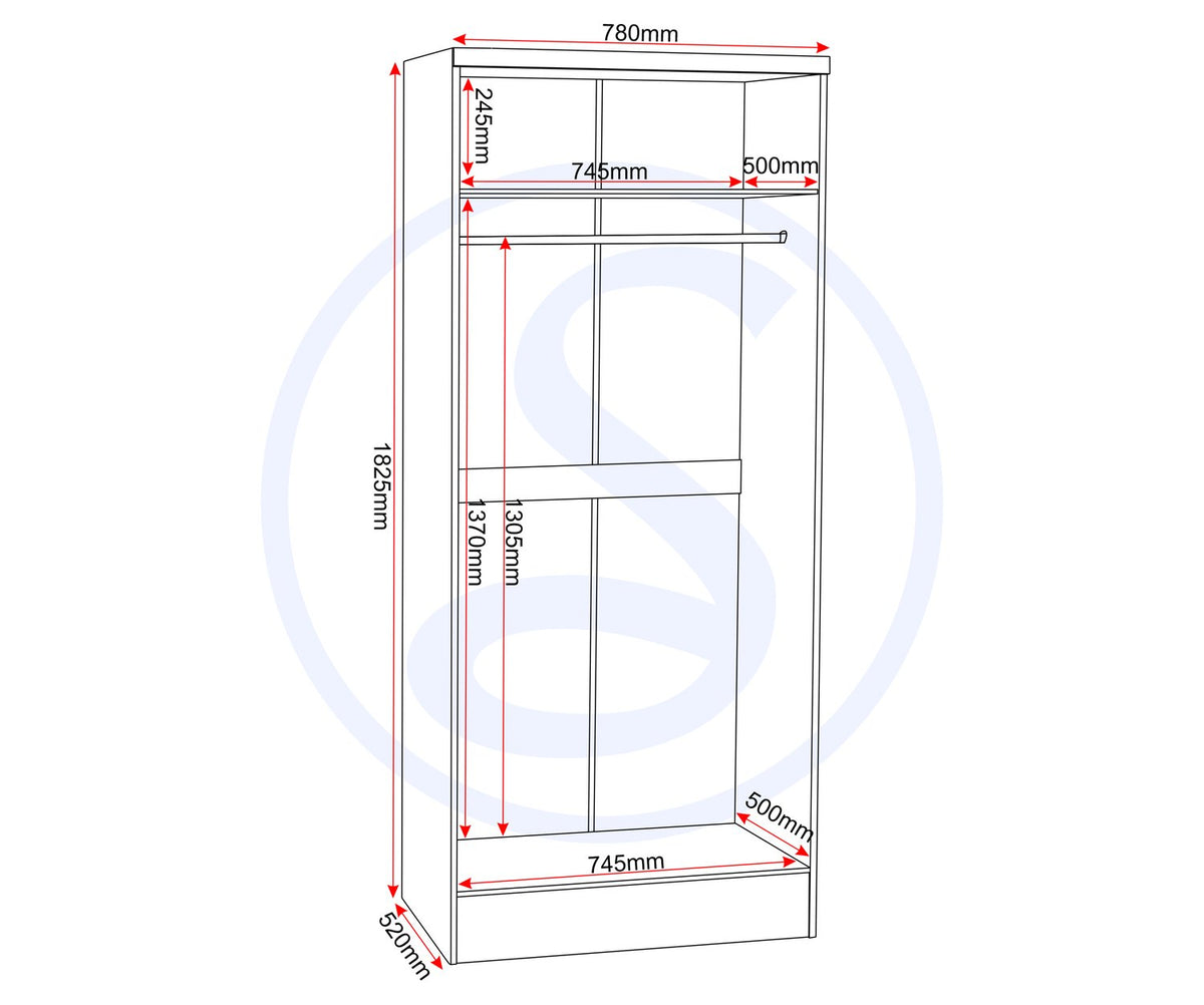 Nevada 2 Door All Hanging Wardrobe - Grey Gloss/Light Oak Effect Veneer