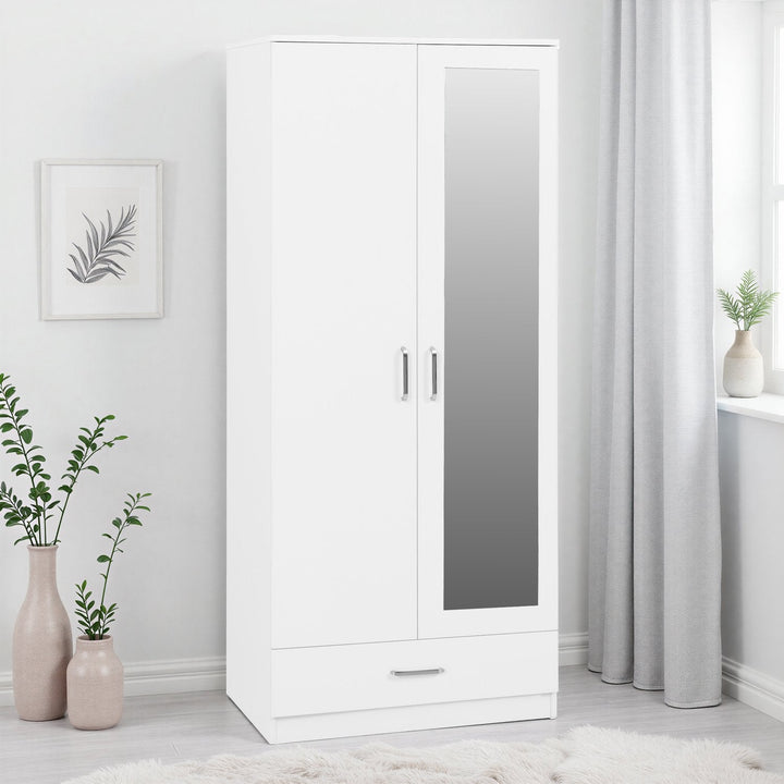 Dakota 2 Door 1 Drawer Mirrored Wardrobe - White