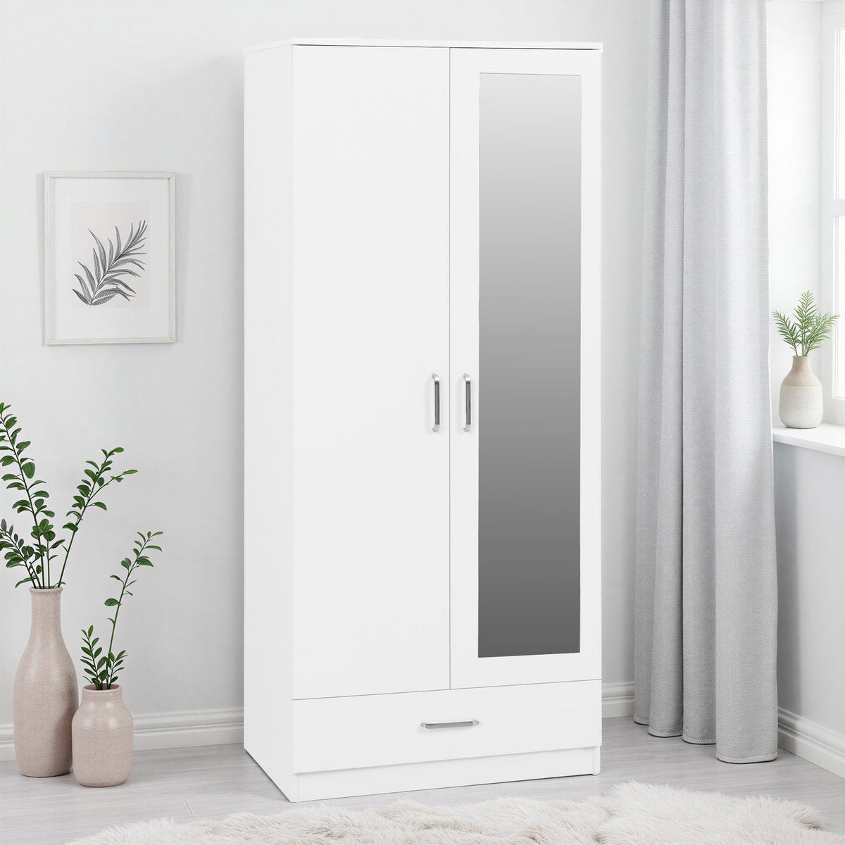 Dakota 2 Door 1 Drawer Mirrored Wardrobe - White