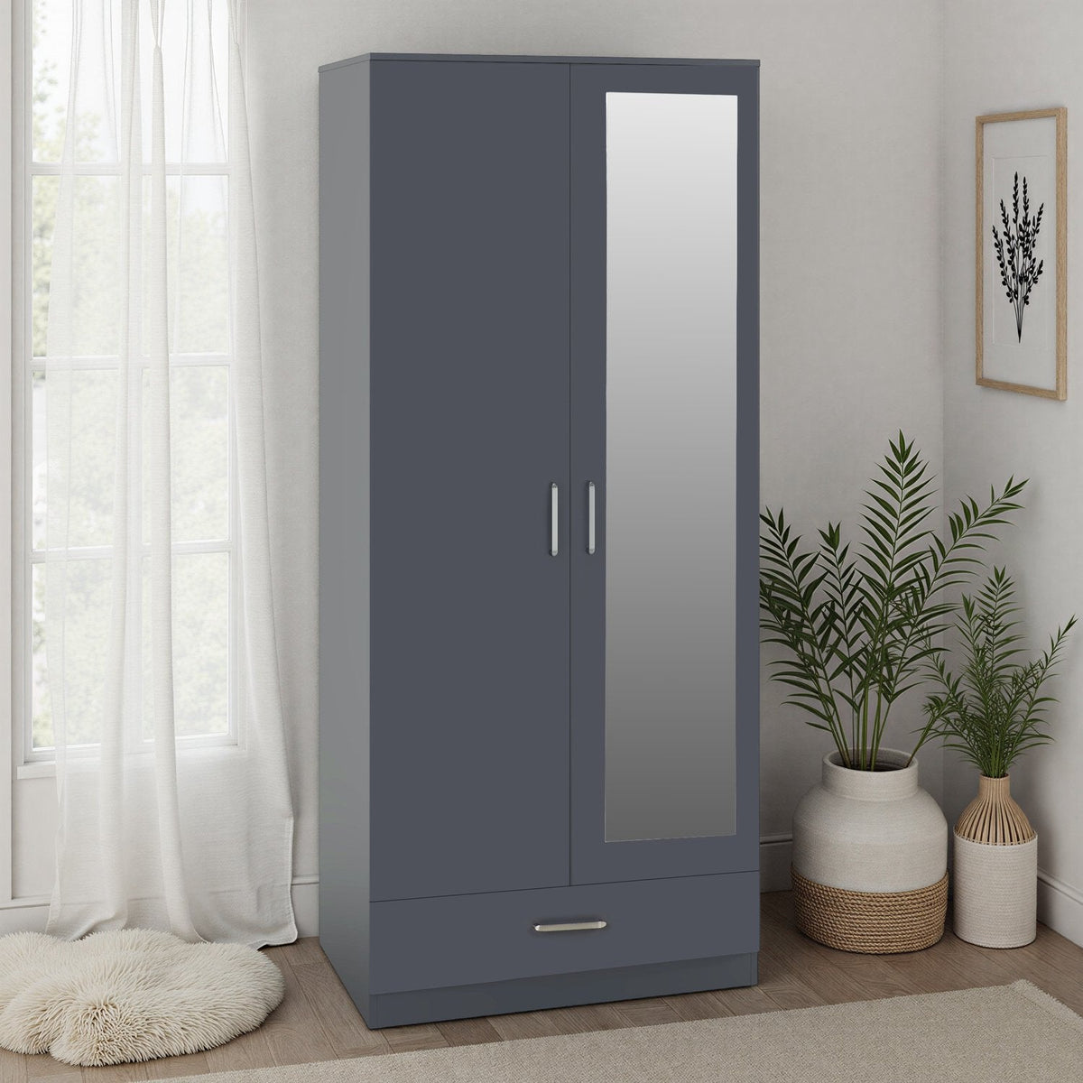 Dakota 2 Door 1 Drawer Mirrored Wardrobe - Dark Grey