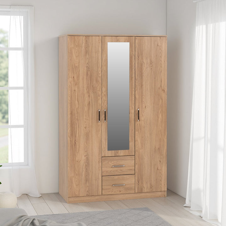 Dakota 3 Door 2 Drawer Mirrored Wardrobe - Oak Effect