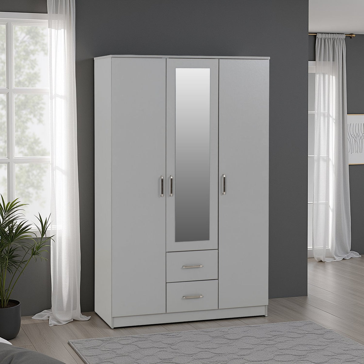 Dakota 3 Door 2 Drawer Mirrored Wardrobe - Light Grey