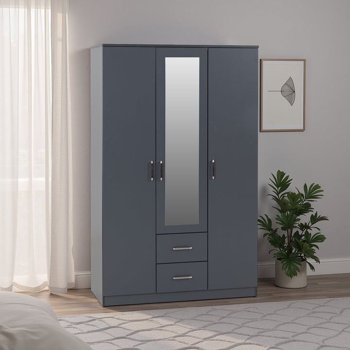 Dakota 3 Door 2 Drawer Mirrored Wardrobe - Dark Grey