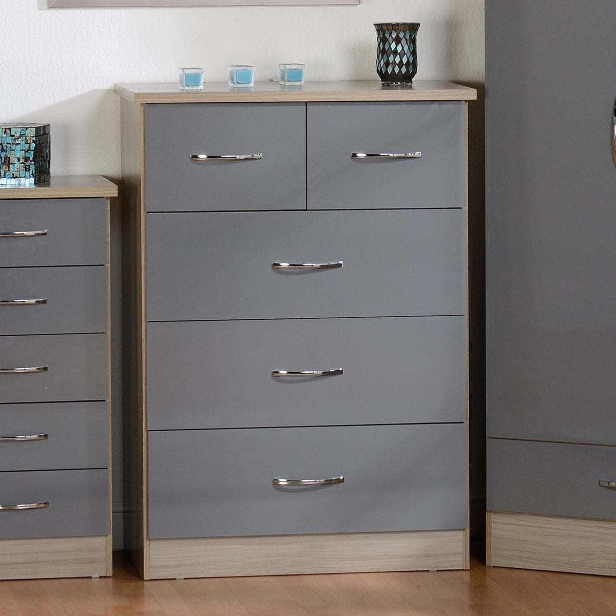 Nevada 3+2 Drawer Chest - Grey Gloss/Light Oak Effect Veneer