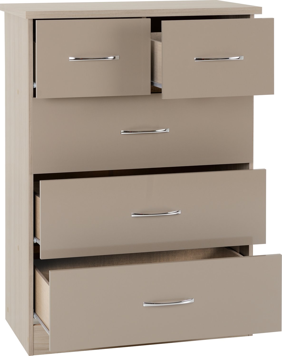 Nevada 3+2 Drawer Chest - Oyster Gloss/Light Oak Effect Veneer