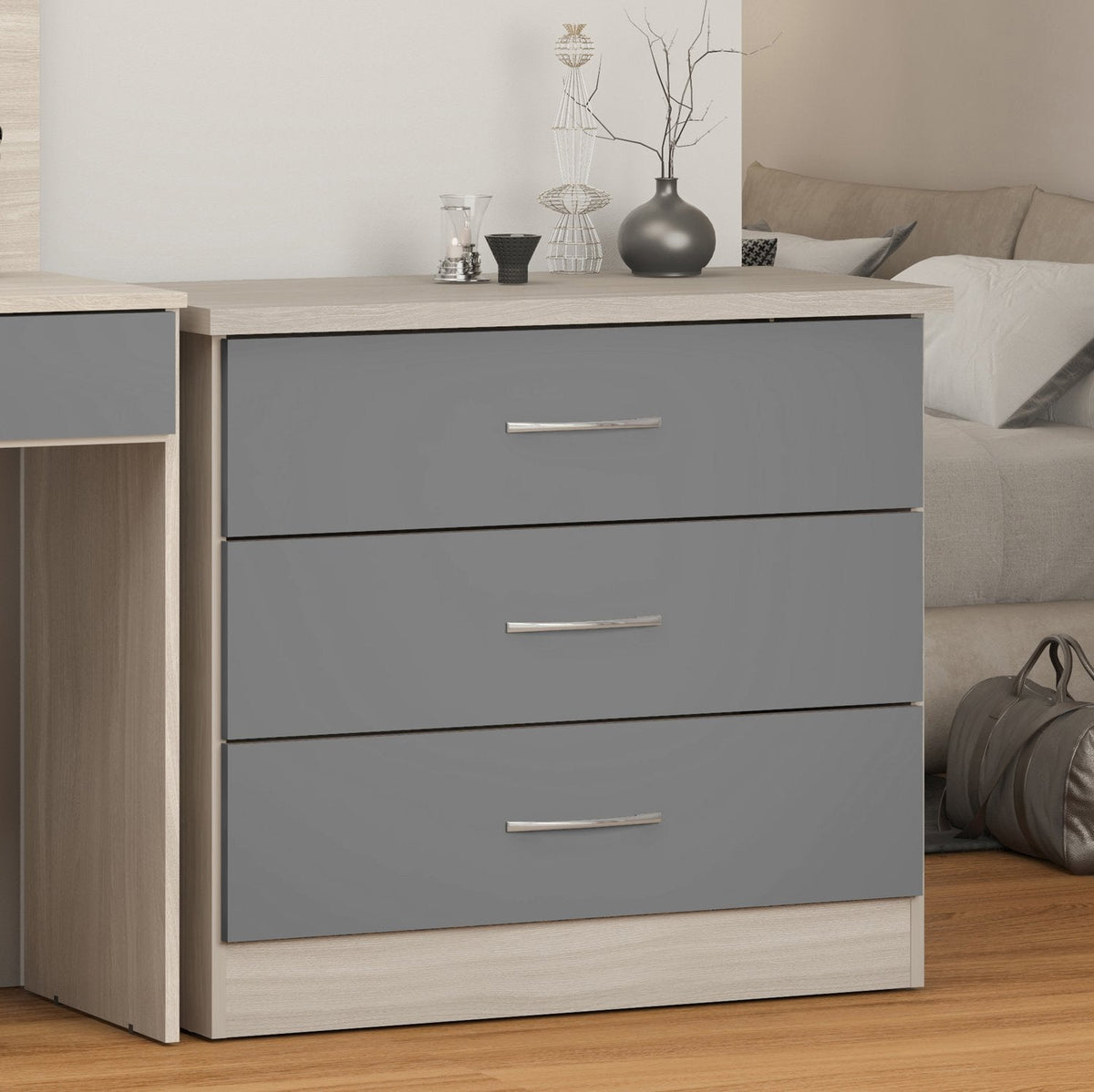 Nevada 3 Drawer Chest - Grey Gloss/Light Oak Effect Veneer