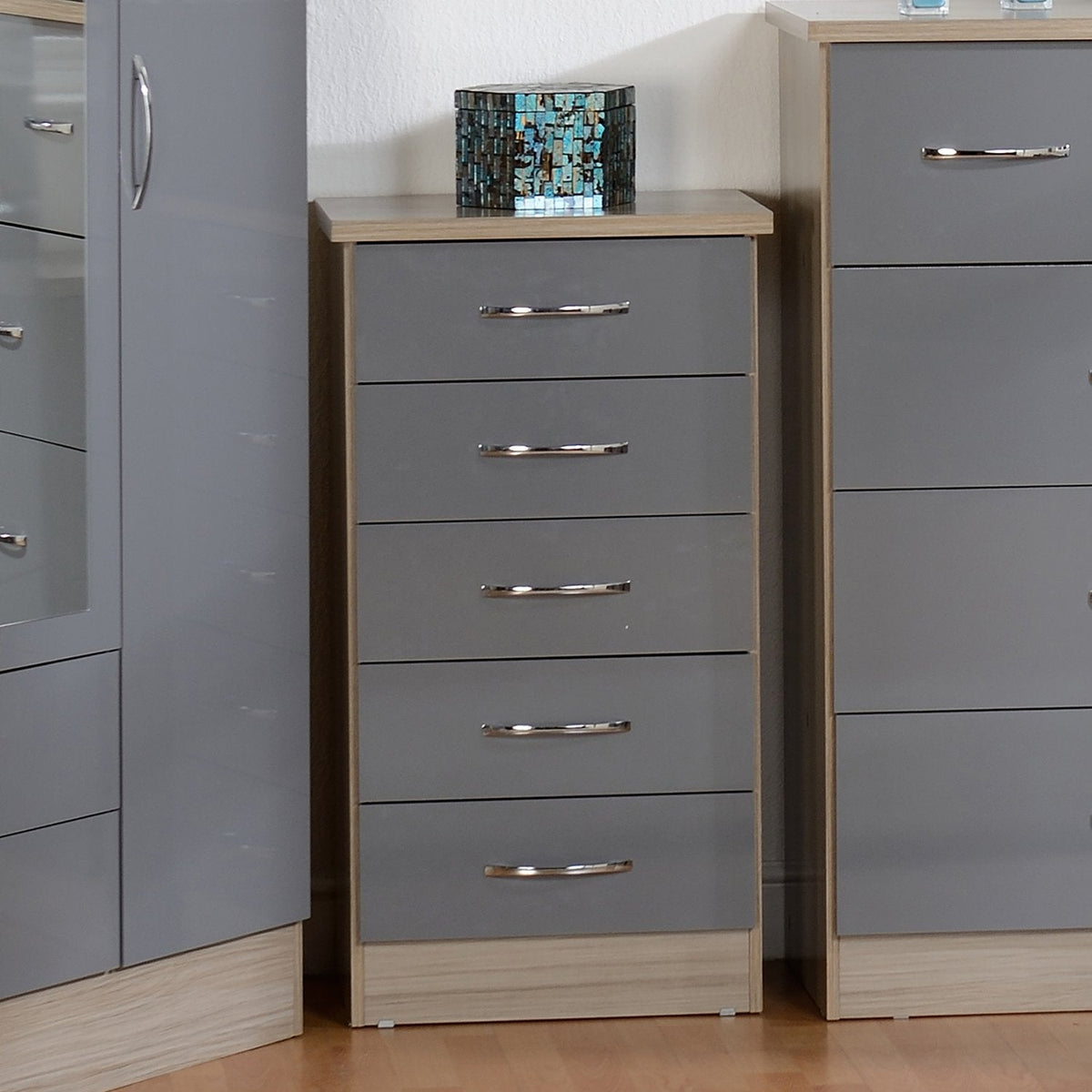 Nevada 5 Drawer Narrow Chest - Grey Gloss/Light Oak Effect Veneer