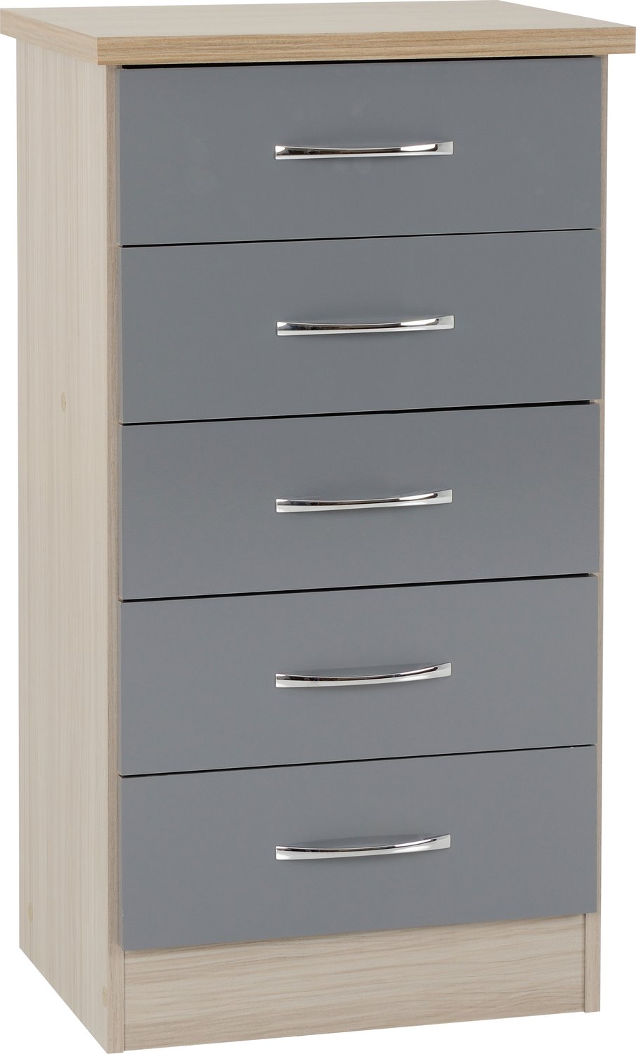 Nevada 5 Drawer Narrow Chest - Grey Gloss/Light Oak Effect Veneer