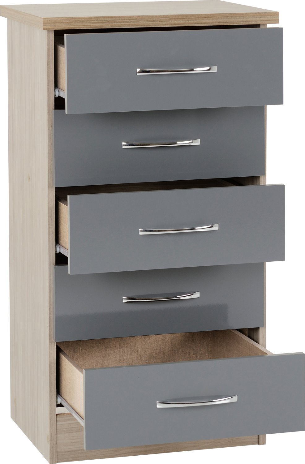 Nevada 5 Drawer Narrow Chest - Grey Gloss/Light Oak Effect Veneer