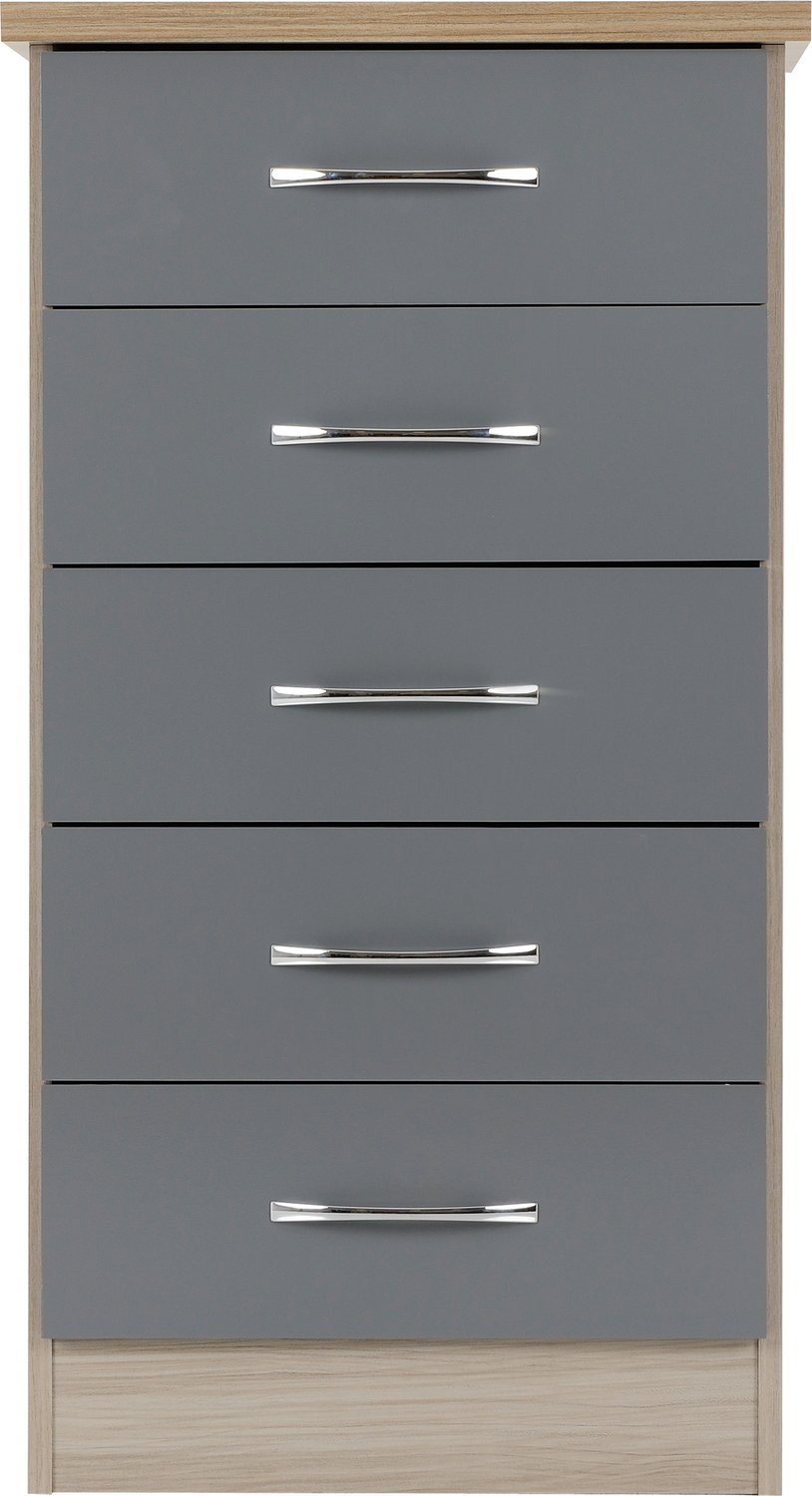 Nevada 5 Drawer Narrow Chest - Grey Gloss/Light Oak Effect Veneer