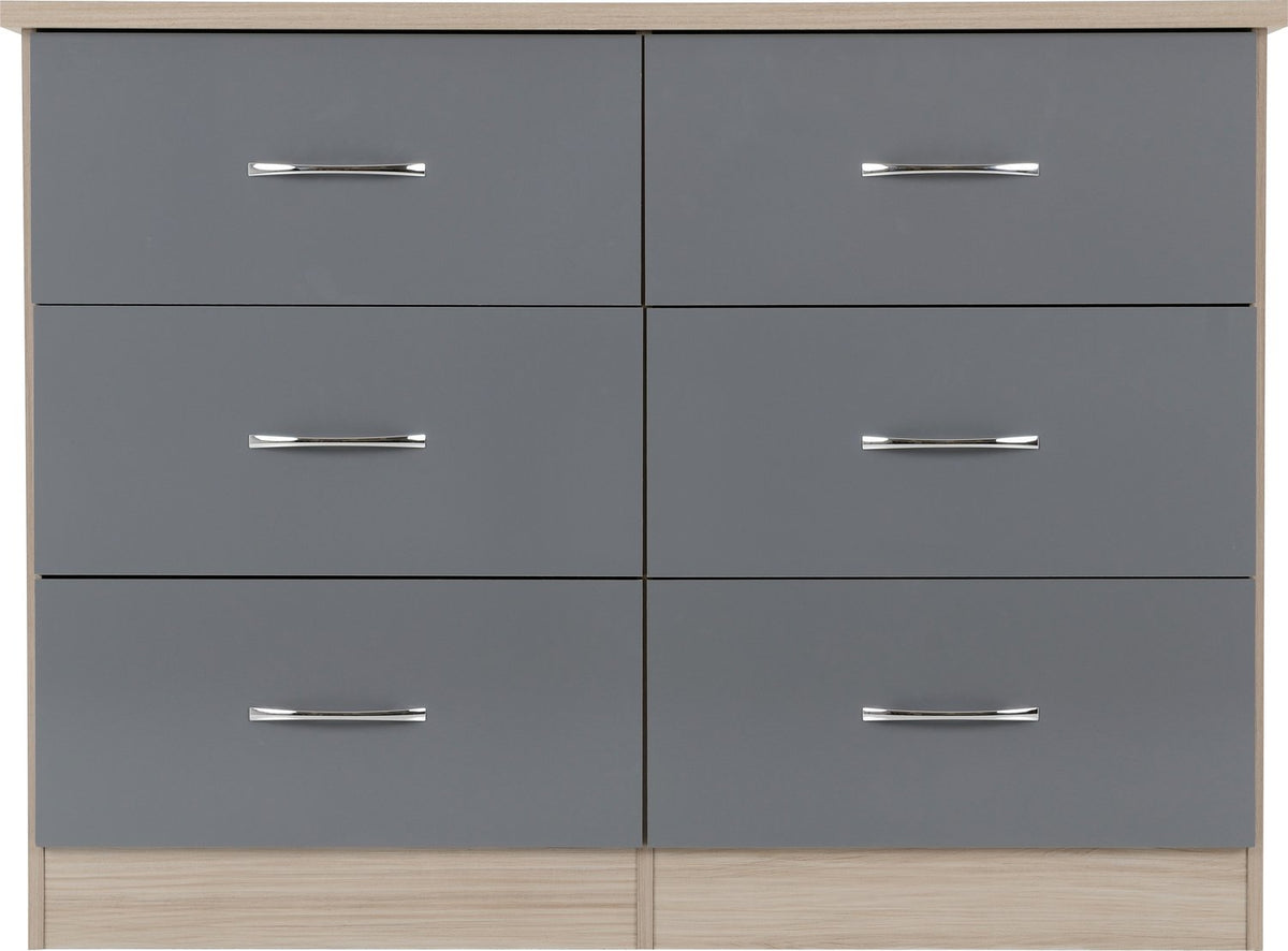 Nevada 6 Drawer Chest - Grey Gloss/Light Oak Effect Veneer
