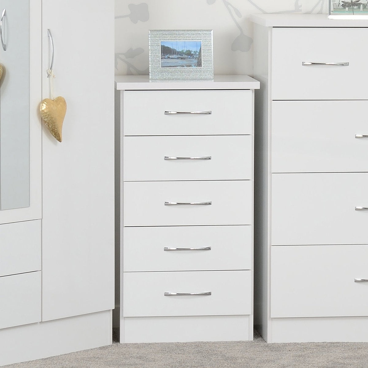Nevada 5 Drawer Narrow Chest - White Gloss