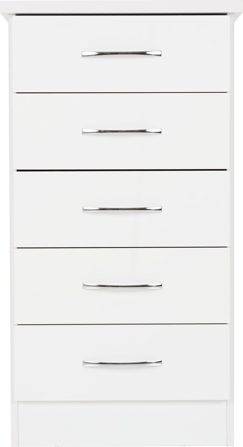 Nevada 5 Drawer Narrow Chest - White Gloss