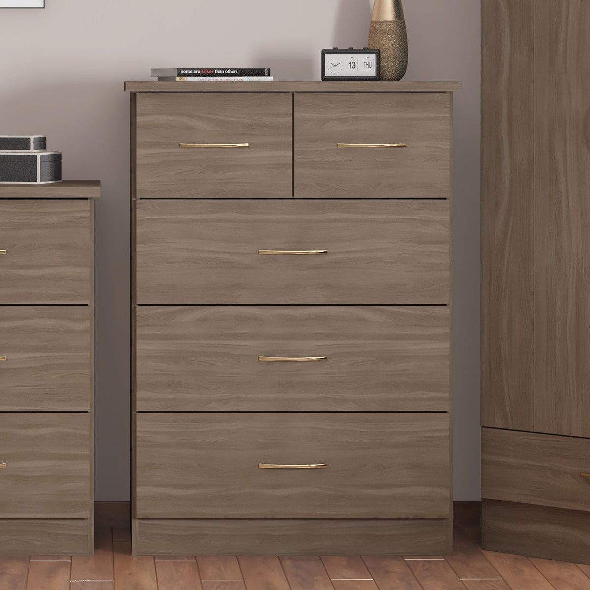 Nevada 3+2 Drawer Chest - Rustic Oak Effect