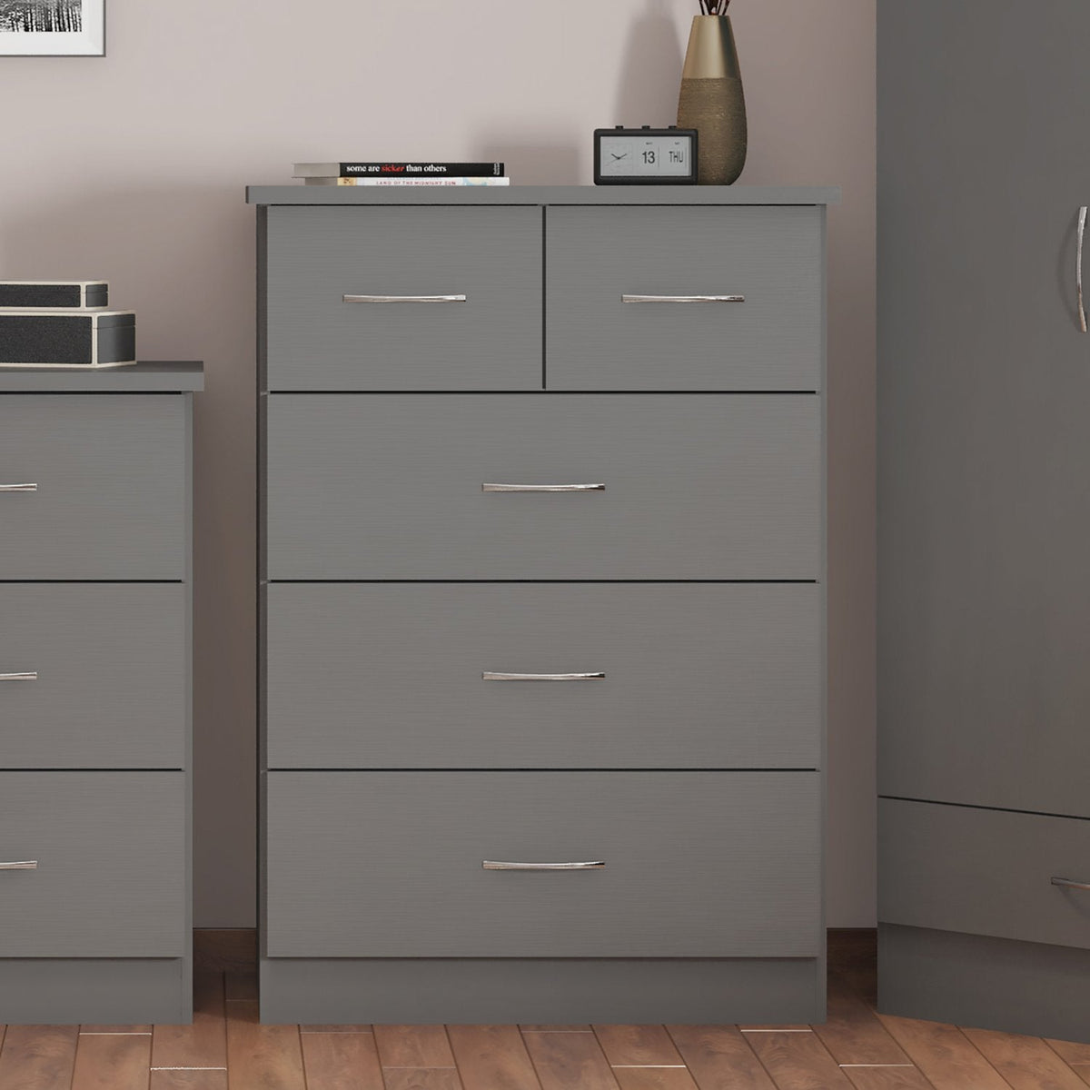 Nevada 3+2 Drawer Chest - 3D Effect Grey