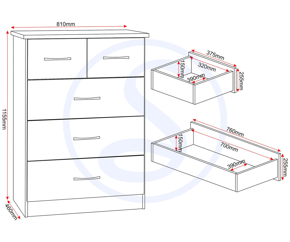 Nevada 3+2 Drawer Chest - 3D Effect Grey