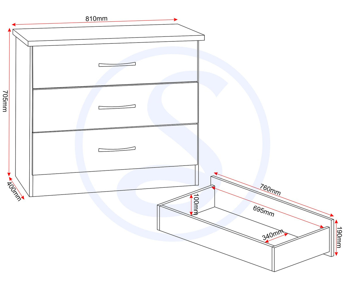 Nevada 3 Drawer Chest - 3D Effect Grey