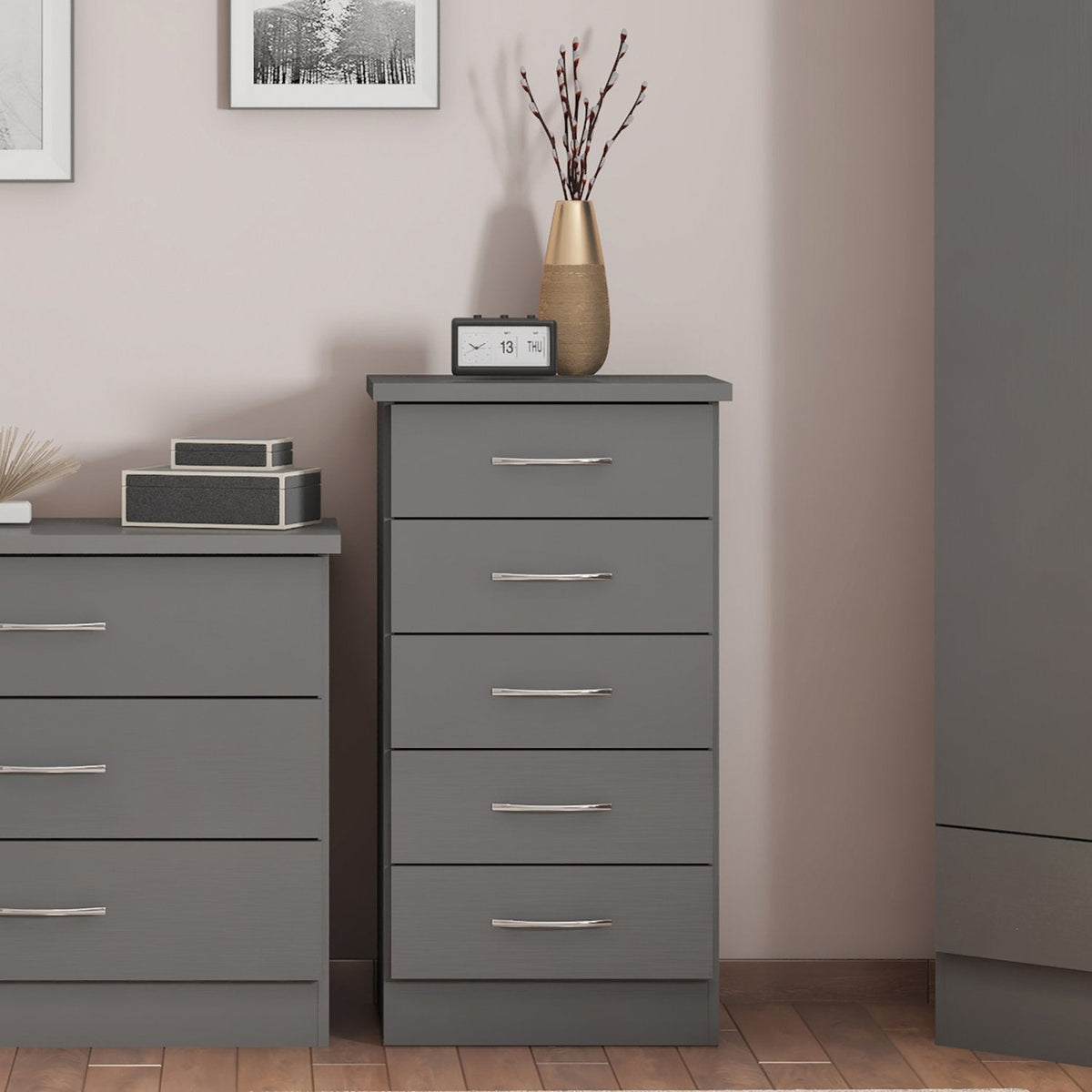 Nevada 5 Drawer Narrow Chest - 3D Effect Grey