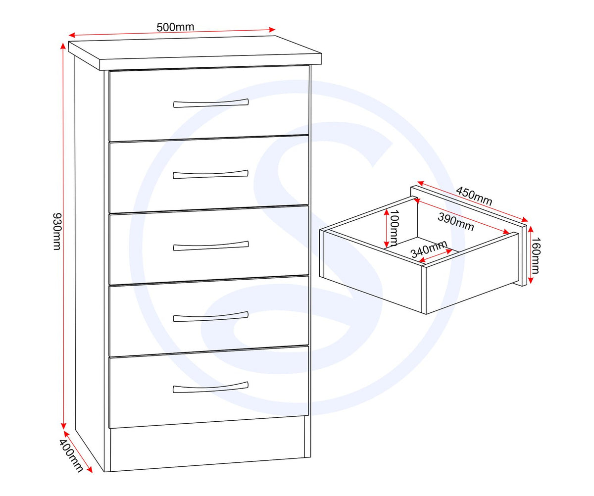 Nevada 5 Drawer Narrow Chest - 3D Effect Grey