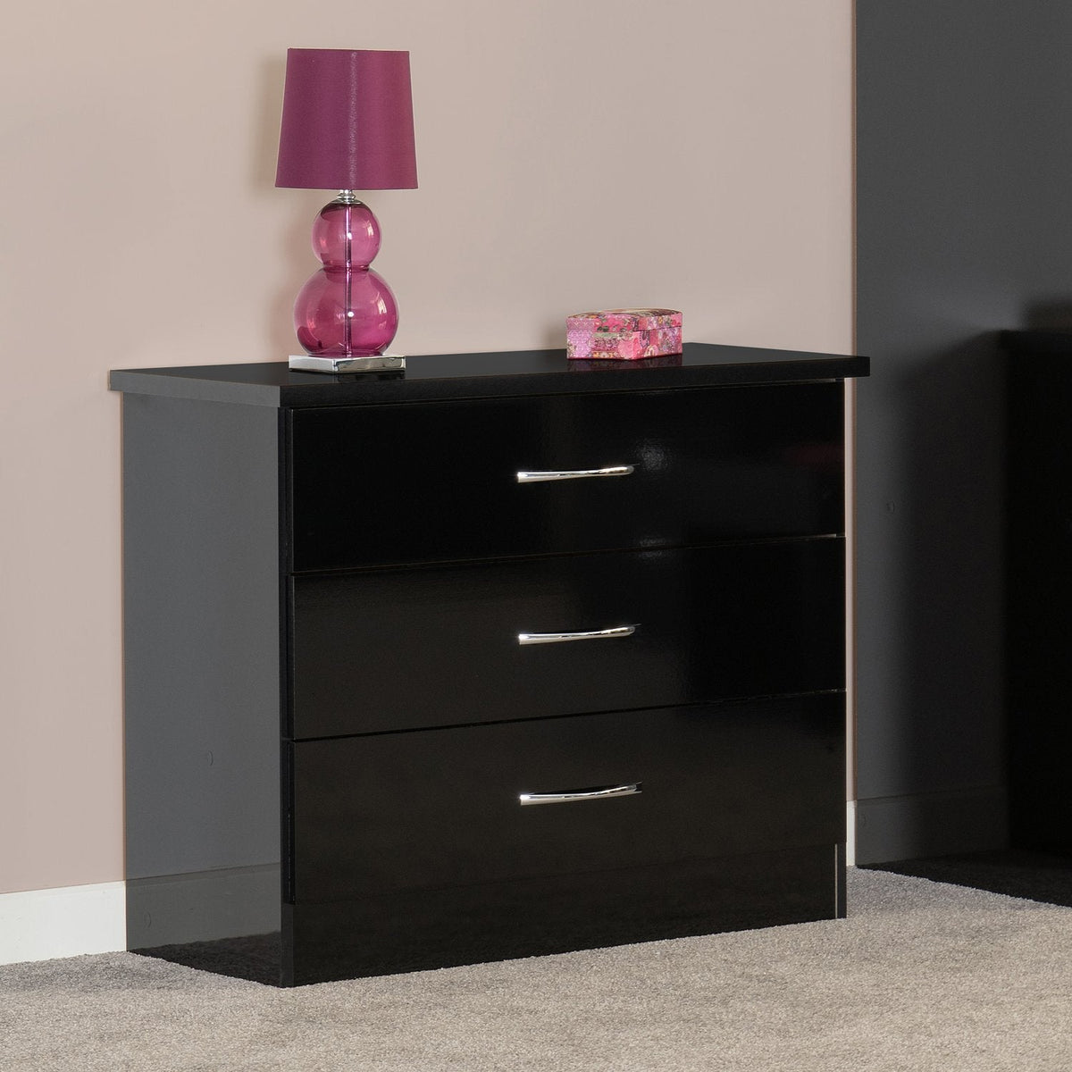 Nevada 3 Drawer Chest - Black Gloss