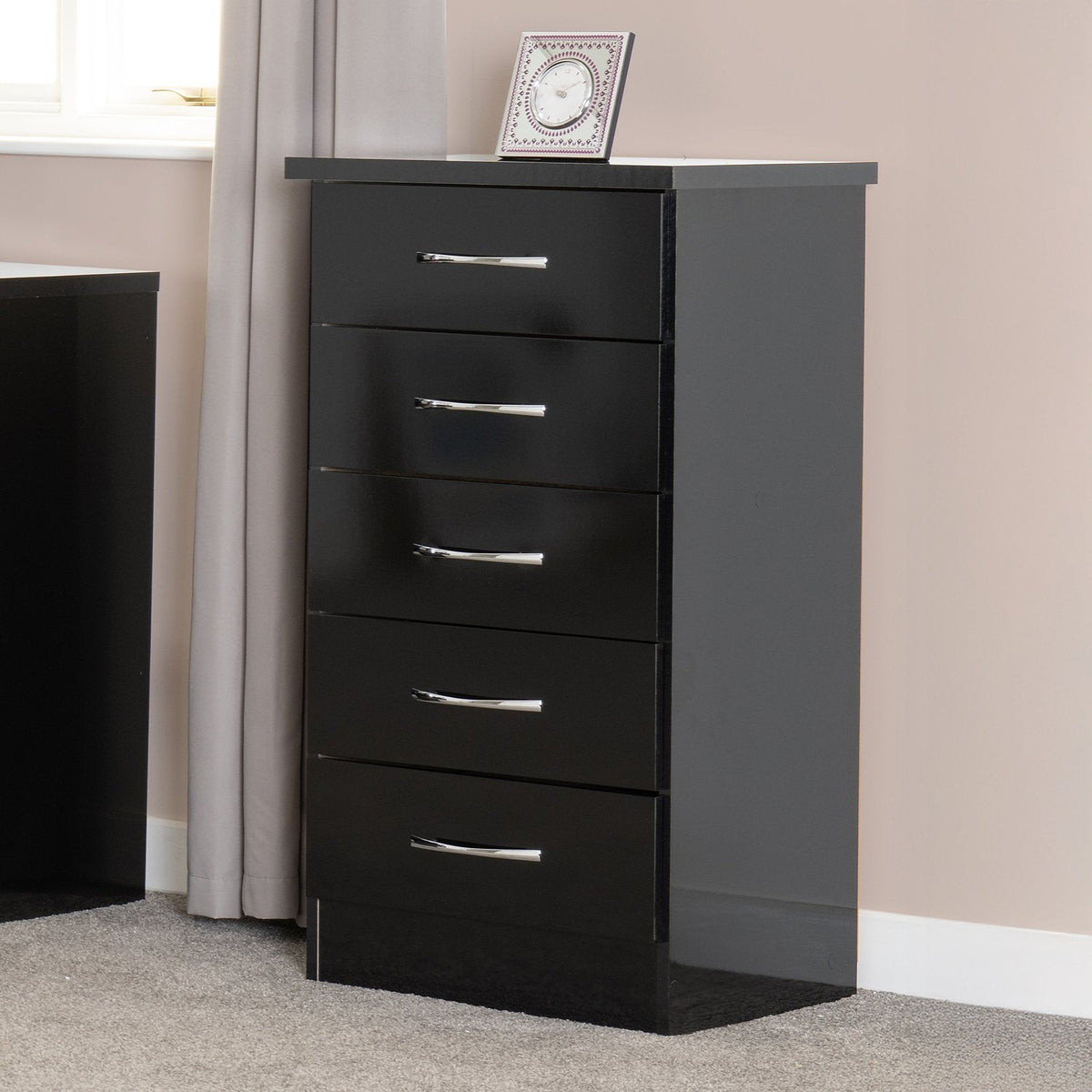 Nevada 5 Drawer Narrow Chest - Black Gloss