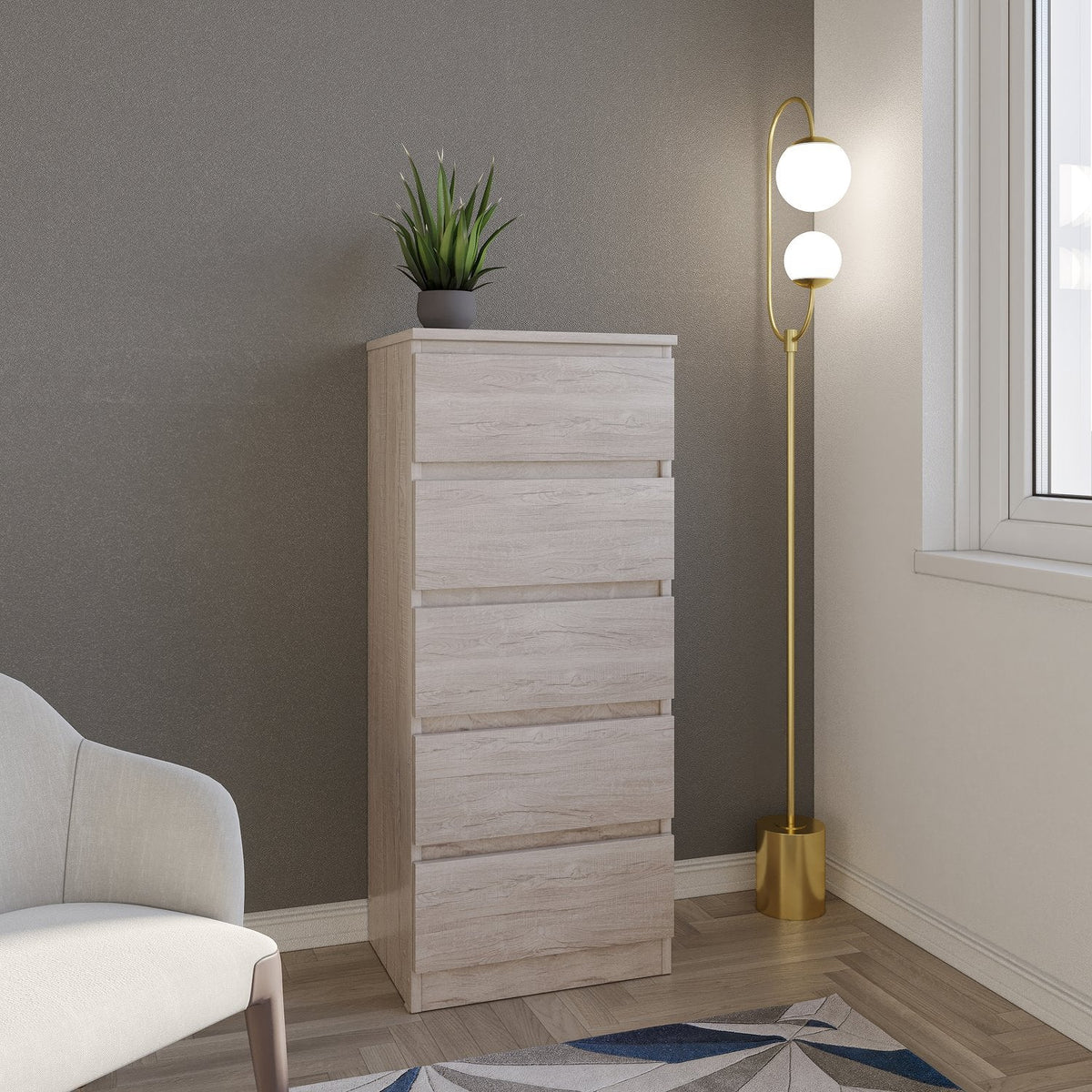 Malvern 5 Drawer Narrow Chest - Urban Snow