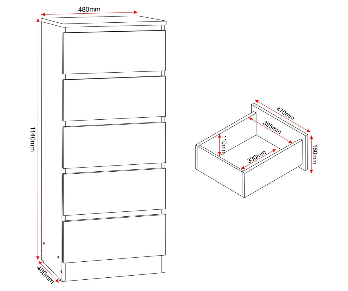 Malvern 5 Drawer Narrow Chest - Urban Snow