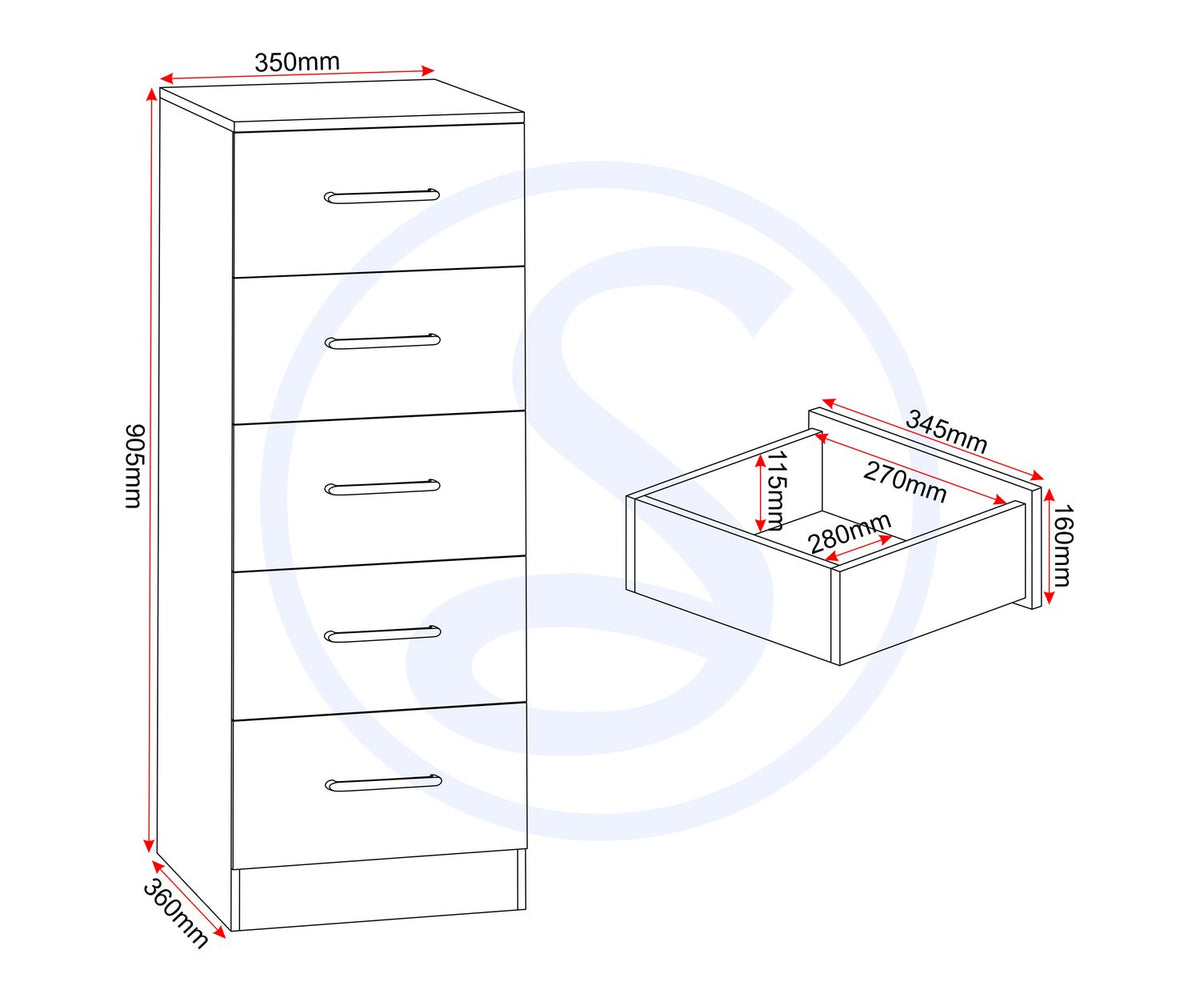 Dakota 5 Drawer Narrow Chest - Oak Effect