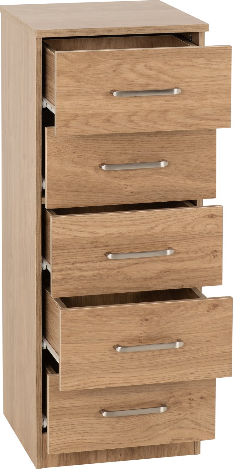 Dakota 5 Drawer Narrow Chest - Oak Effect