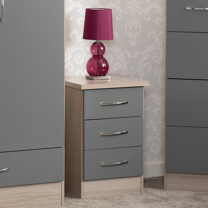 Nevada 3 Drawer Bedside - Grey Gloss/Light Oak Effect Veneer