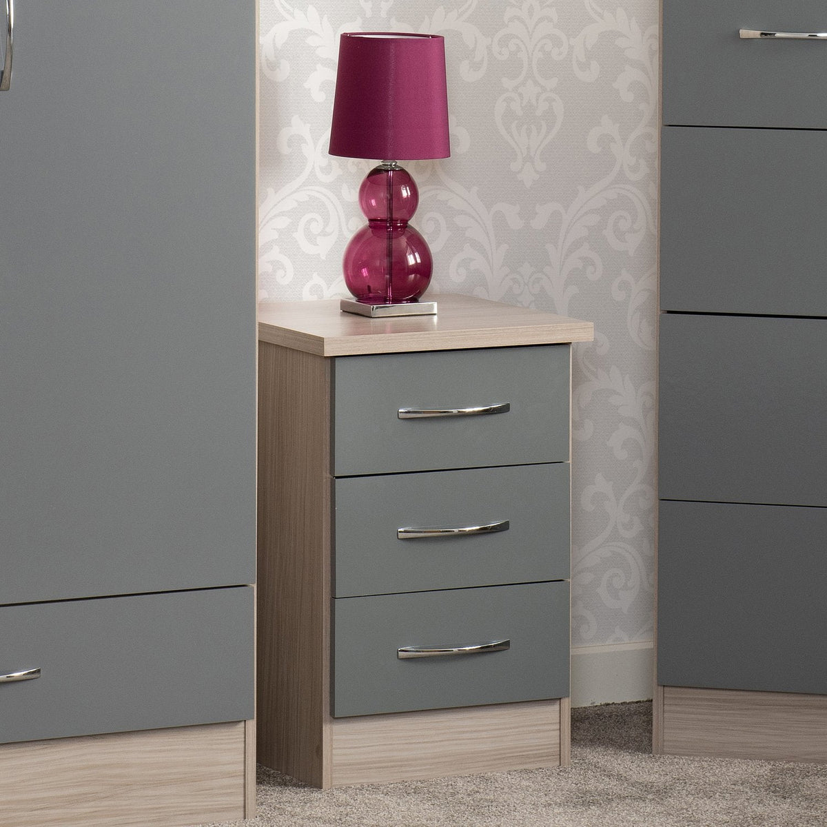 Nevada 3 Drawer Bedside - Grey Gloss/Light Oak Effect Veneer