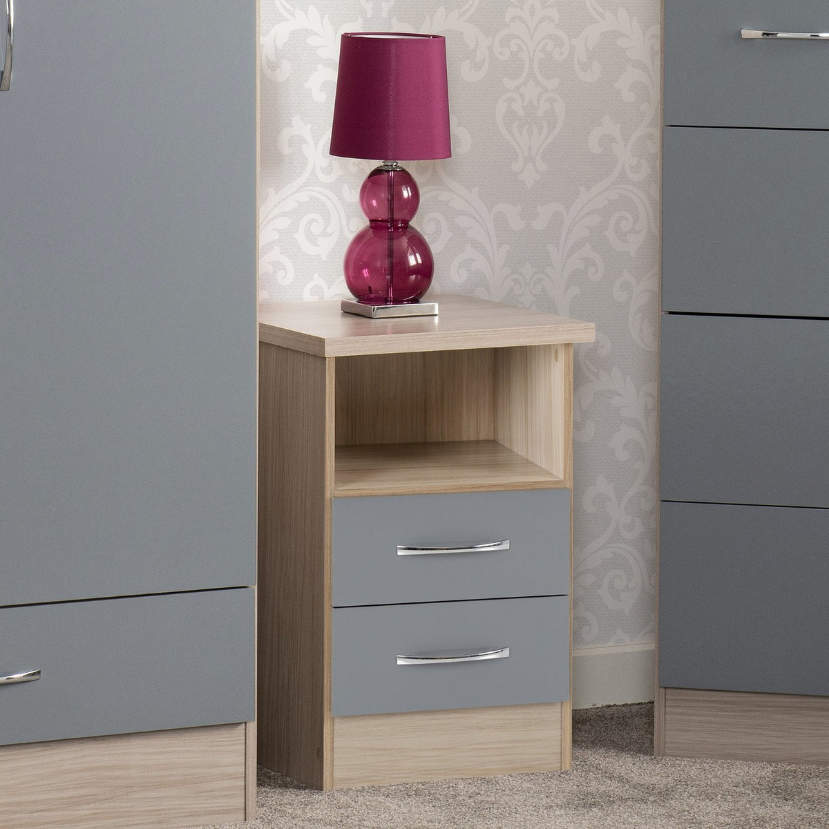 Nevada 2 Drawer Bedside - Grey Gloss/Light Oak Effect Veneer