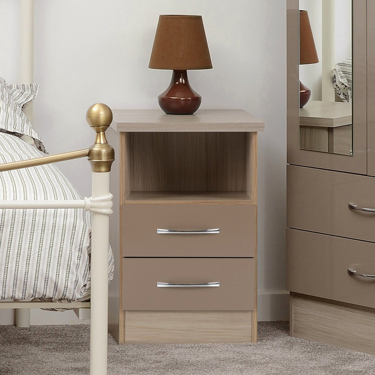 Nevada 2 Drawer Bedside - Oyster Gloss/Light Oak Effect Veneer