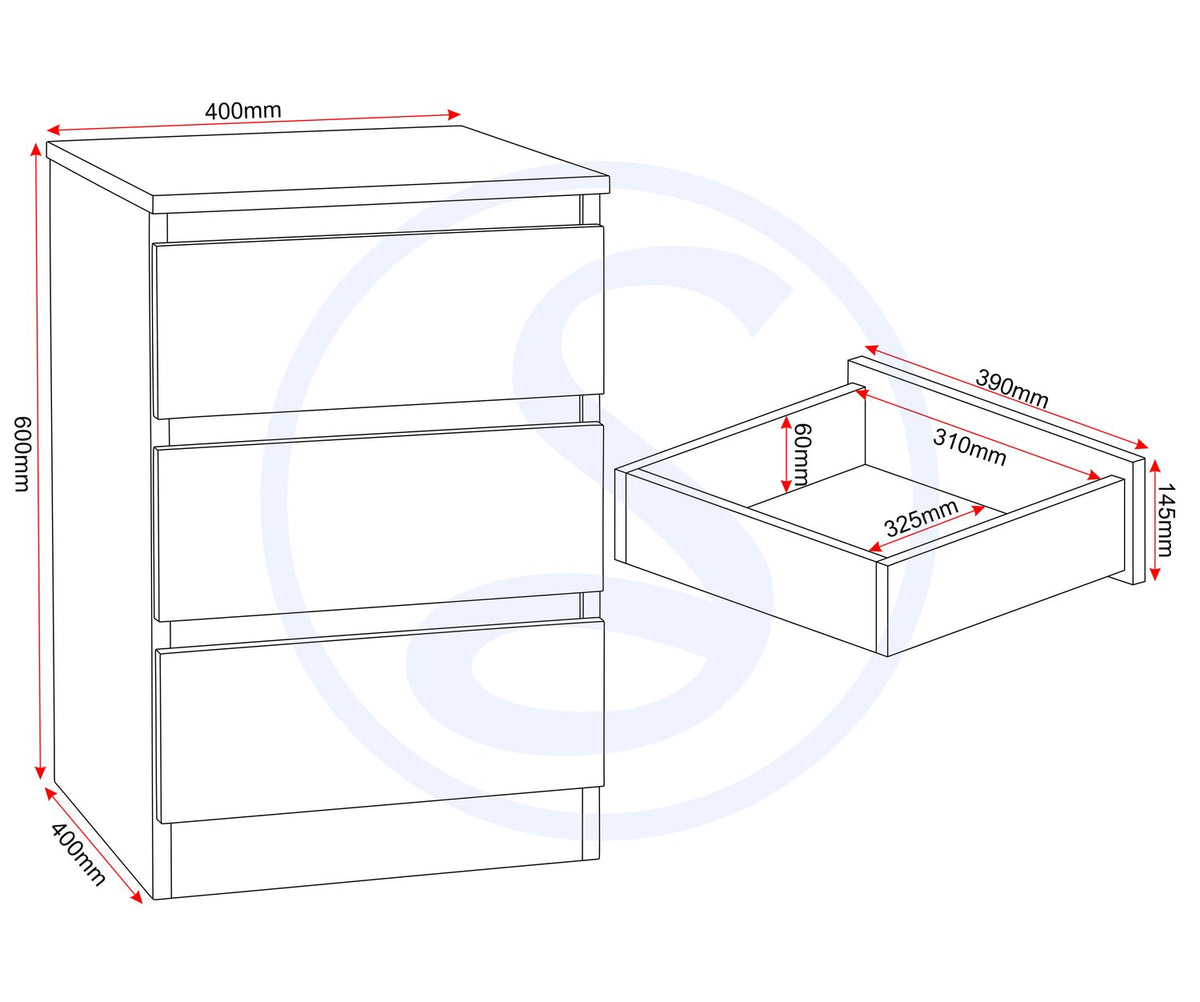 Malvern 3 Drawer Bedside - Black