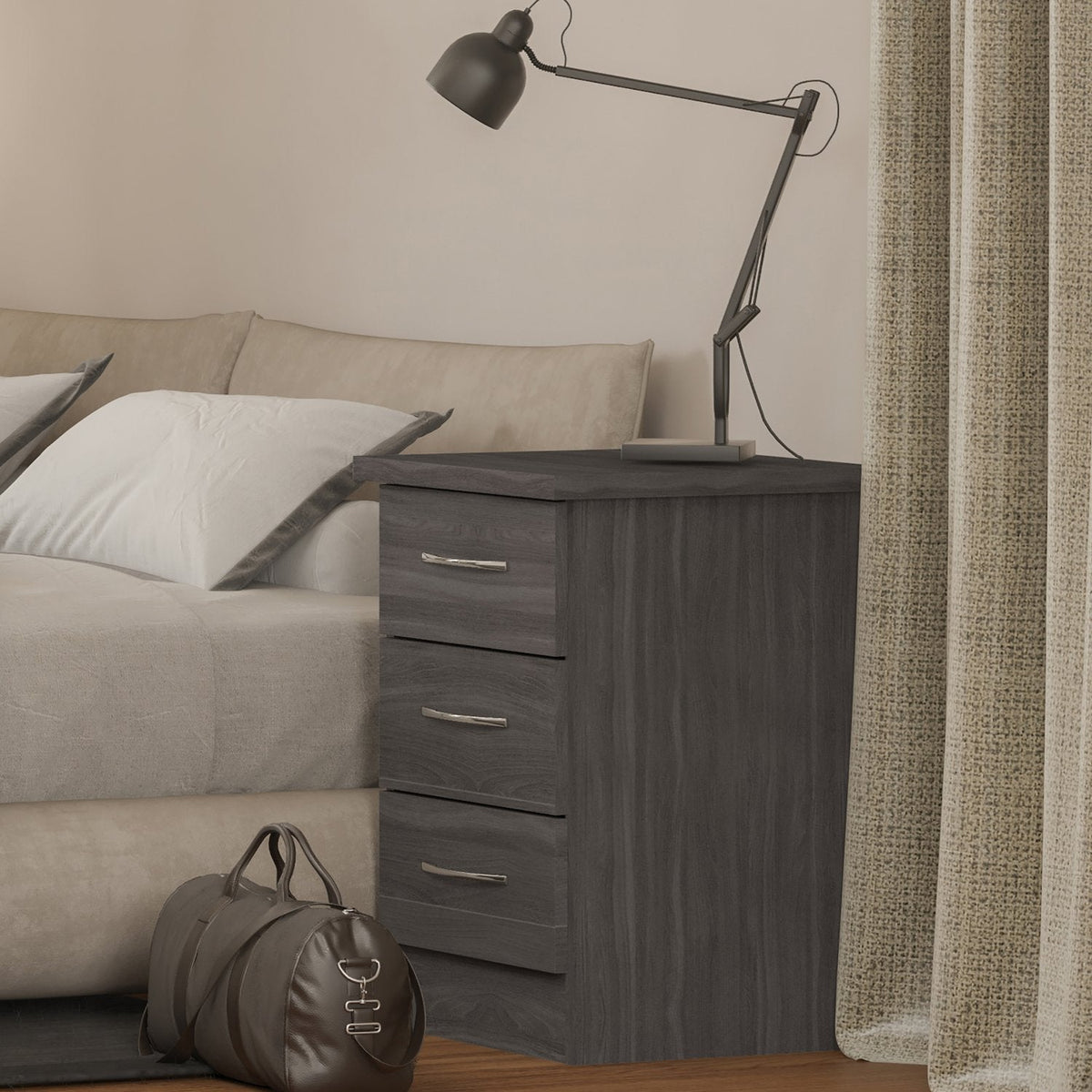 Nevada 3 Drawer Bedside - Black Wood Grain