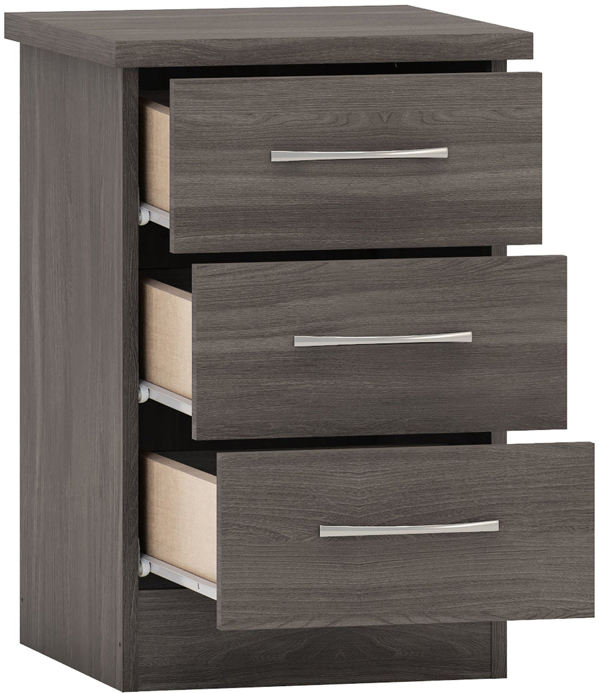 Nevada 3 Drawer Bedside - Black Wood Grain