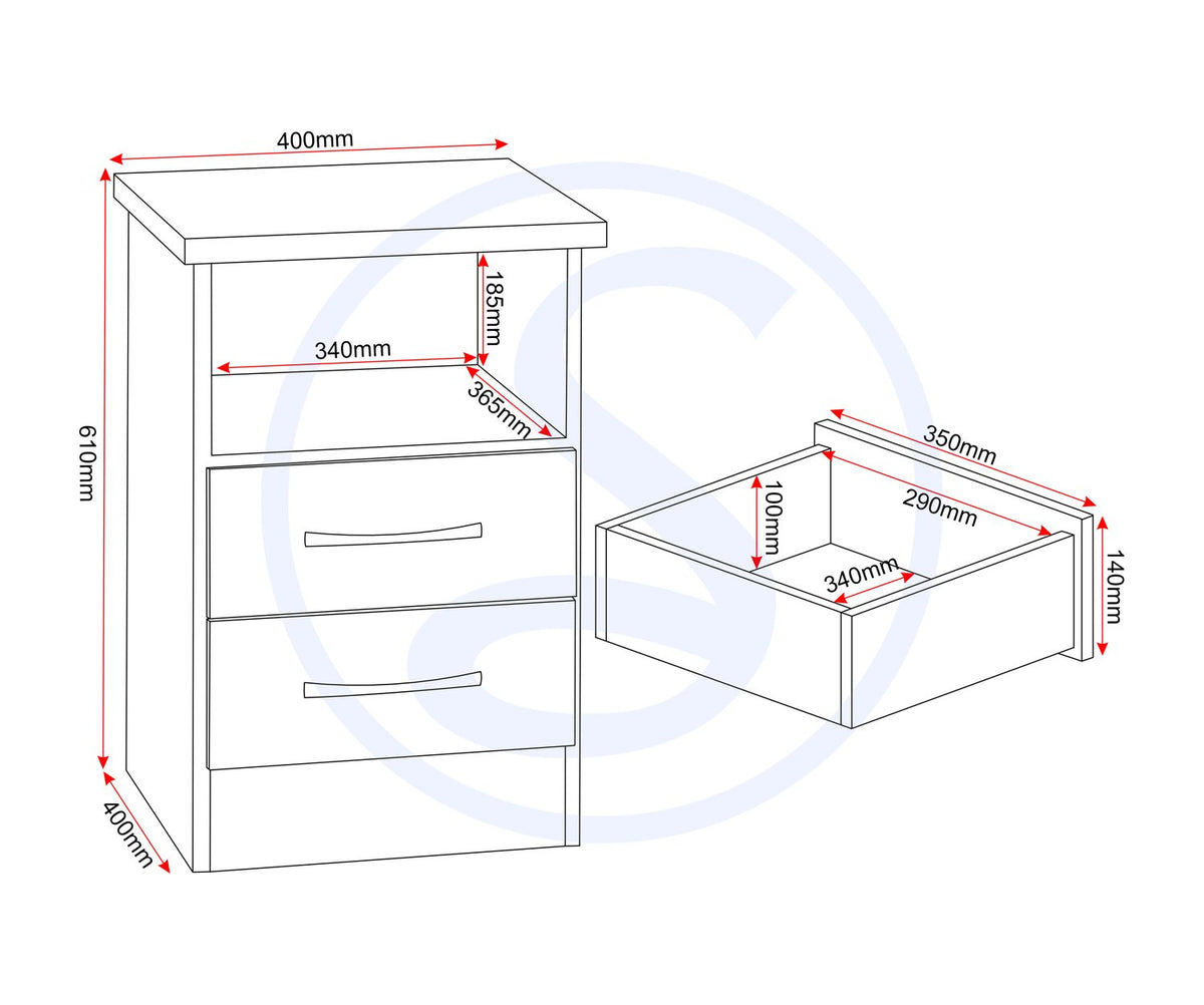 Nevada 2 Drawer Bedside - 3D Effect Grey