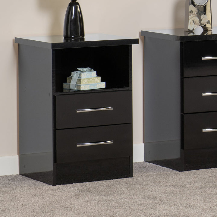 Nevada 2 Drawer Bedside - Black Gloss