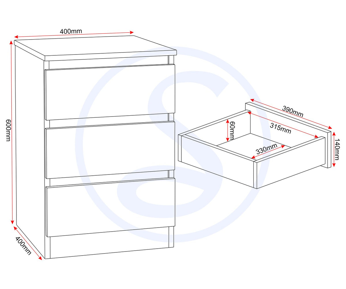 Malvern 3 Drawer Bedside - Urban Snow