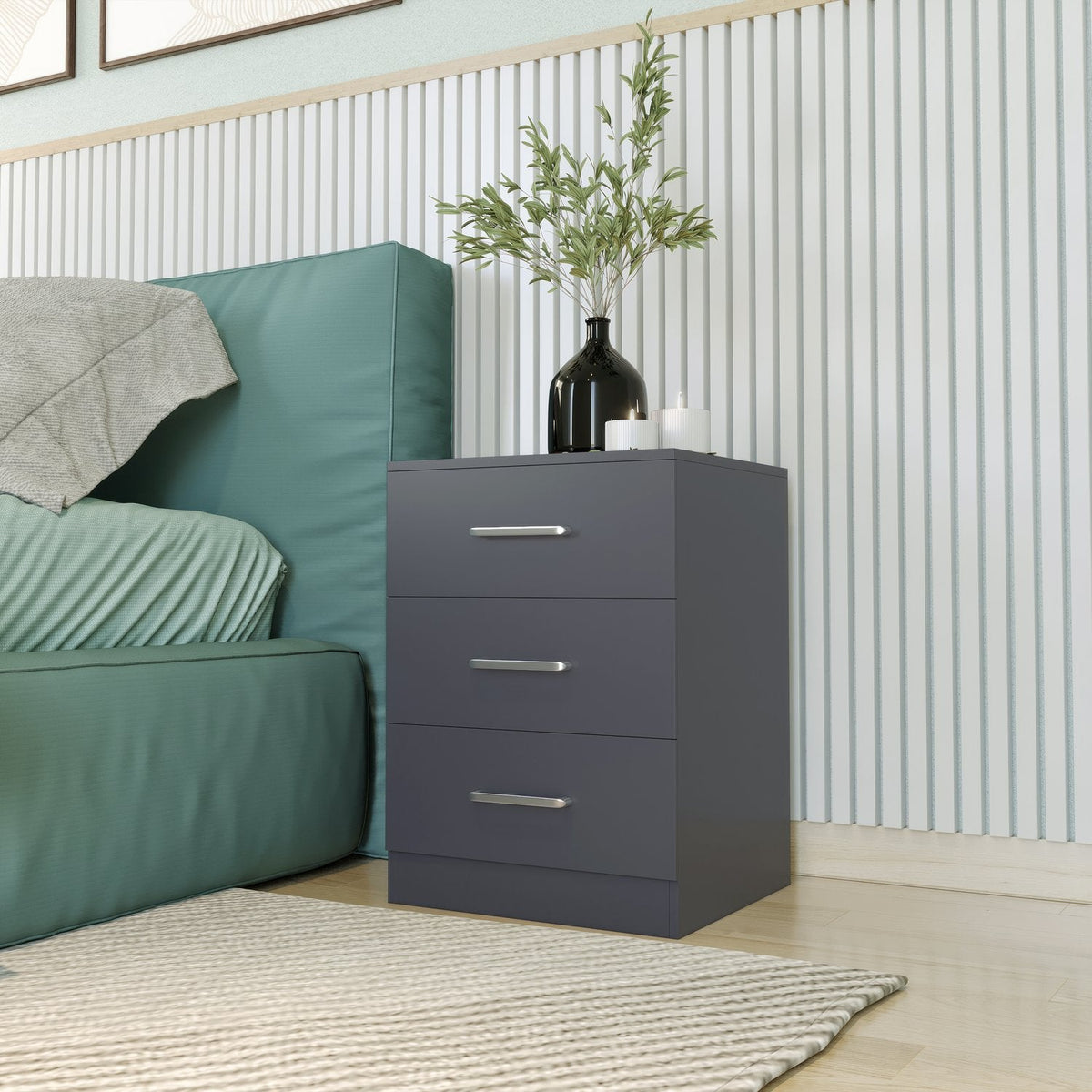 Dakota 3 Drawer Bedside - Dark Grey